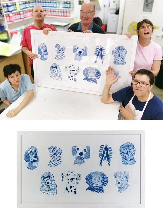 5 happy artists holding orignal framed artwork of quirky blue hand drawn dog faces 