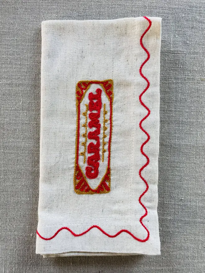 tunnocks caramel wafer embroidered linen napkin
