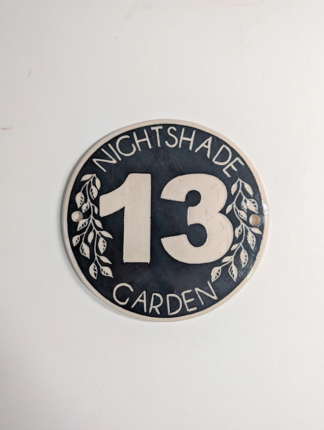Black Large Round Custom Made Ceramic Door Number with Sgraffito Leaf Pattern