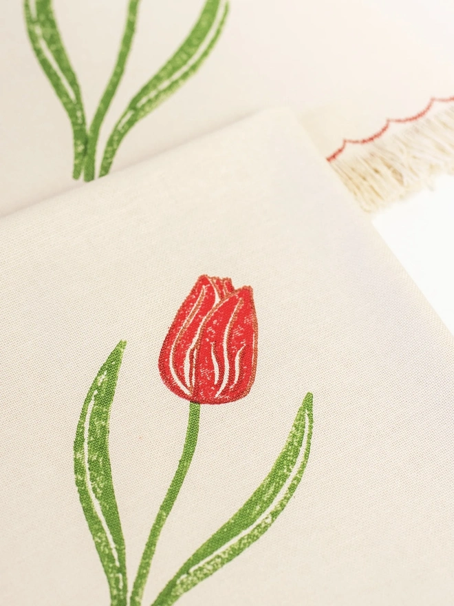 Block Printed Fringed Napkins Tulips (Set Of 2)
