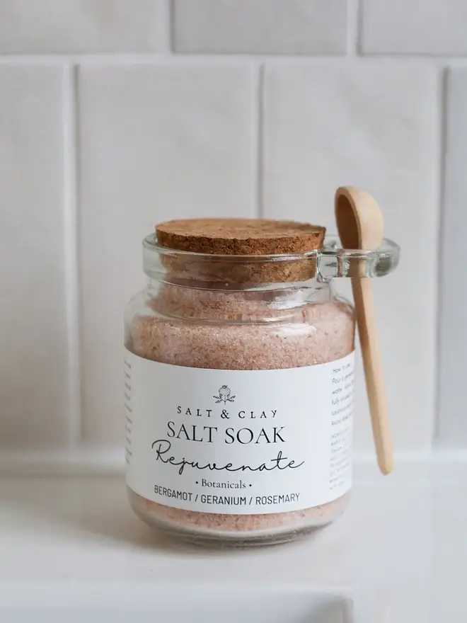 Epsom bath salts with essential oils of Bergamot, Geranium and Rosemary organic essential oils.