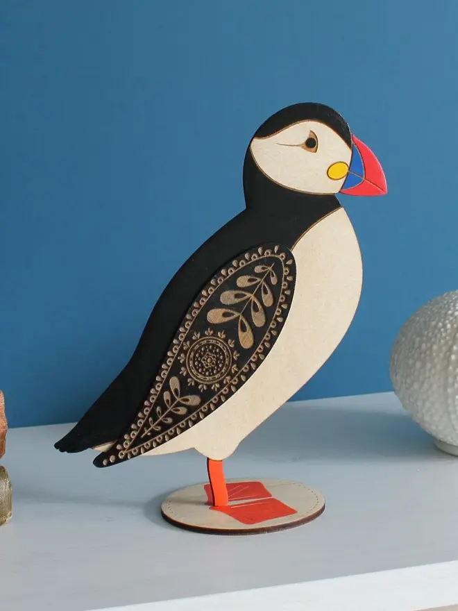 Standing Wooden Atlantic Puffin, wooden bird decoration standing on a platform. 
