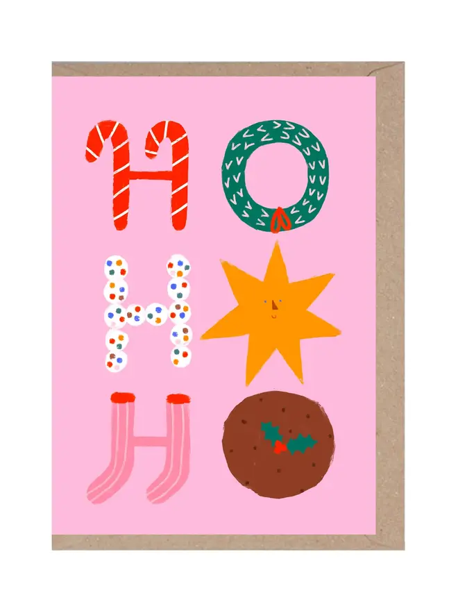 ho ho ho illustrated letters pink christmas greeting card