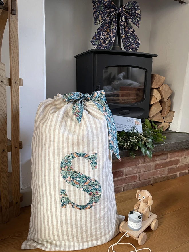 Natural Stripe Linen Christmas Gift Sack with Liberty Print Letter and Tie