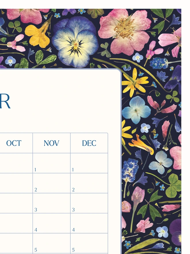 Floral print Perpetual calendar and organiser for the home, studio, offices, or workspaces. Great for annual recurring occasions. Botanical Pressed Flower Design which makes a beautiful nature-themed stationery gift for her.