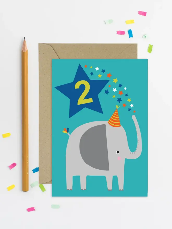 Elephant Bright Blue Kid's Second Birthday Card