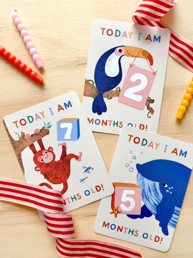 illustrated animal themed baby milestone cards by Emily Nash Illustration- postcard keepsake multipack for babies
