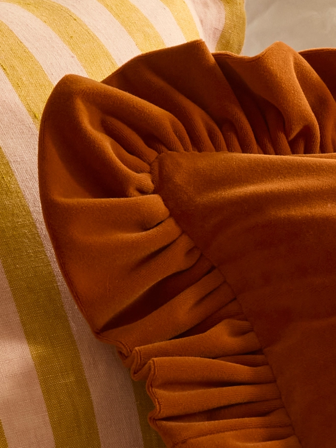 Handmade ruffled velvet lumbar cushion ruffle detail
