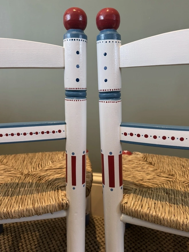 Polka dot blue and red detail on a birthday chair for boys. 