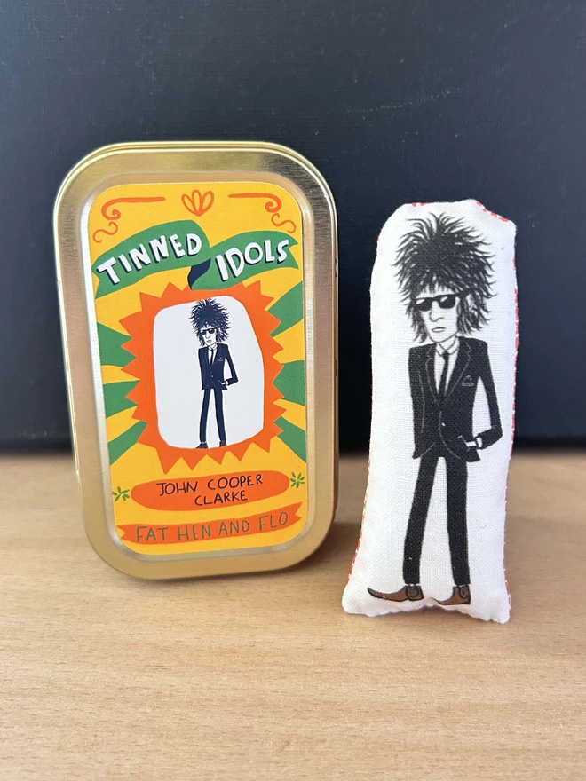 Mini fabric doll featuring an illustration of punk poet John Cooper Clarke.