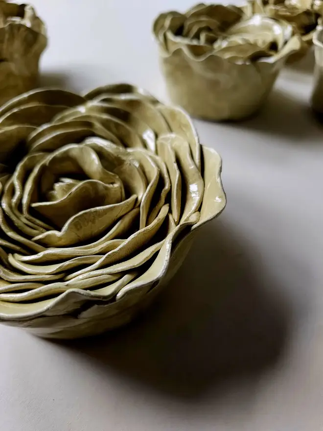handmade olive green ceramic rose flower wall hanging decor sculpture art pottery glazed gift for her forever everlasting rose