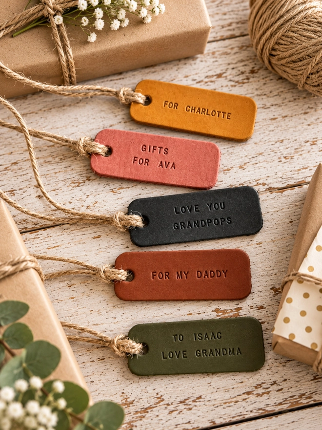Hand stamped leather birthday gift tag labels