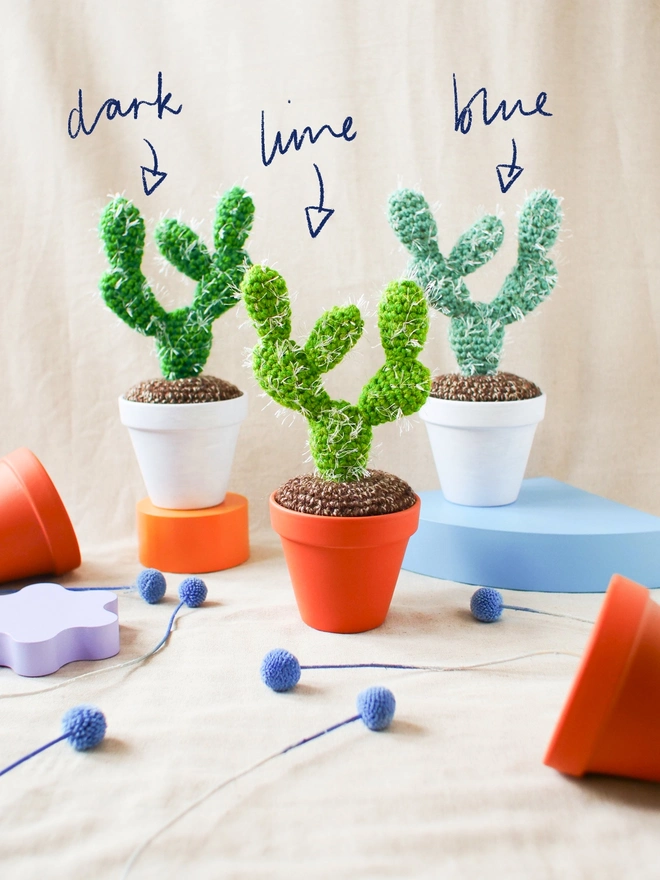 Handmade spiky crocheted cactus in terracotta pot