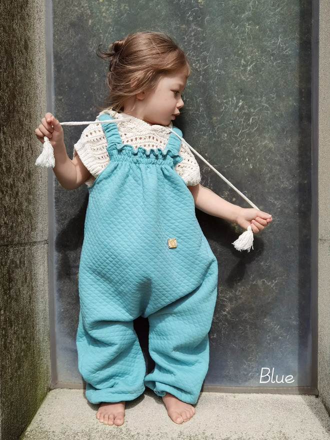 kids quilted dungarees autumnal blue