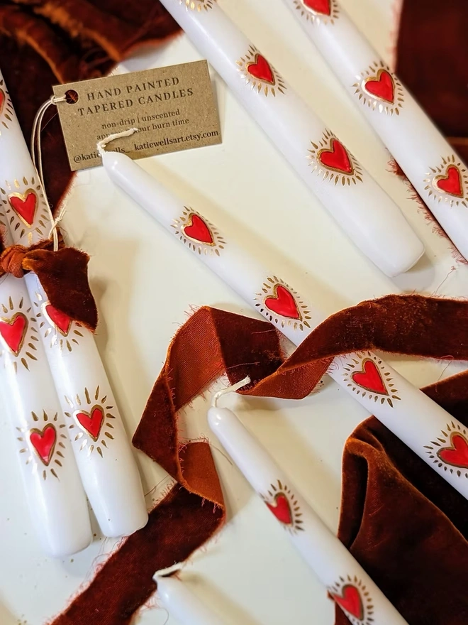 Gold & Red Heart Taper Candles 