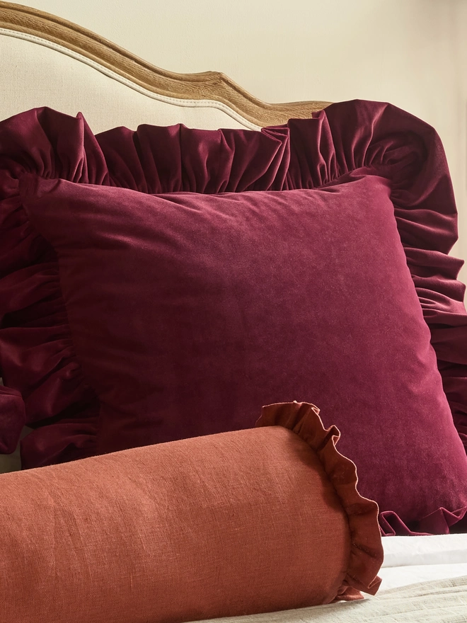 Kika Bespoke oversized ruffled velvet cushion 60x60cm in Burgundy