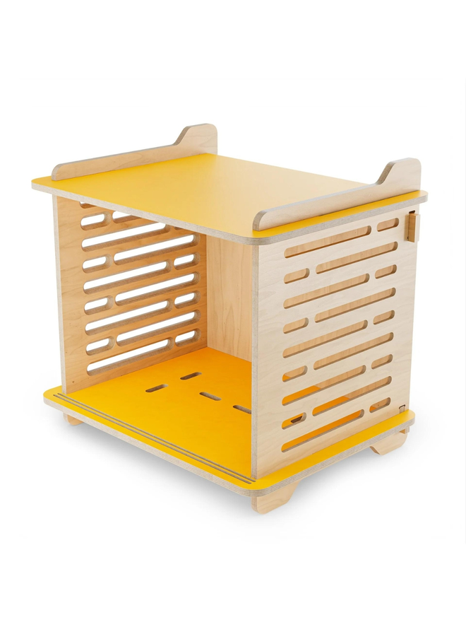 wooden dog crate yellow top and base side view