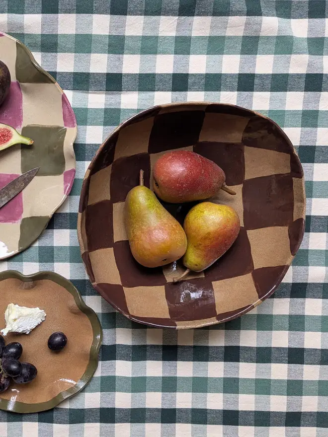 Large Chocolate Brown Check Serving Bowl