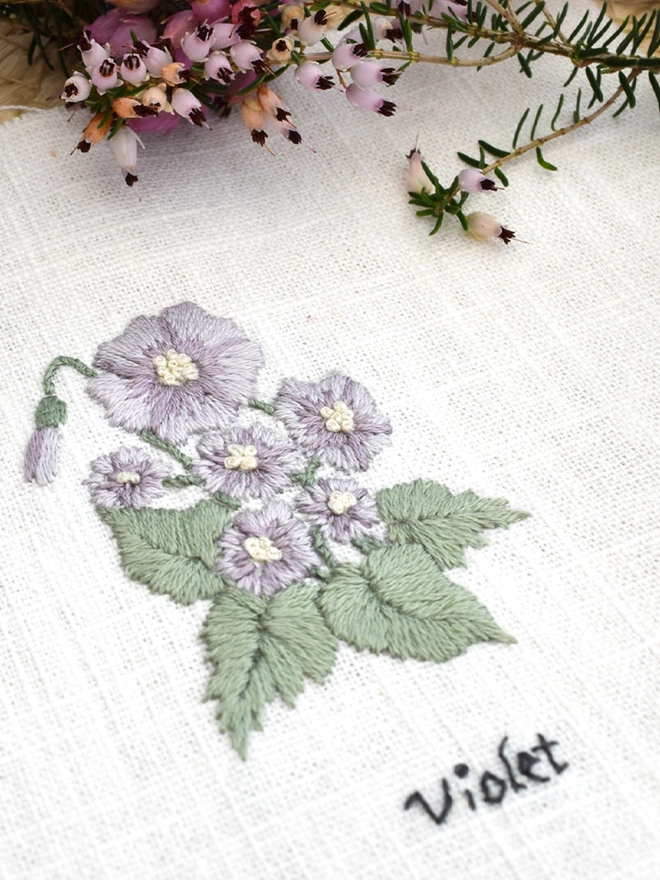 Floral Botanical embroidery kit of Violet or Viola a symbol for February.  Meaning Think of me, Faithfulness, Artistic, Loyalty and Virtue.
