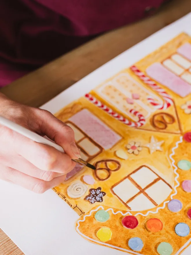 Hand Painted Gingerbread House Christmas Card 