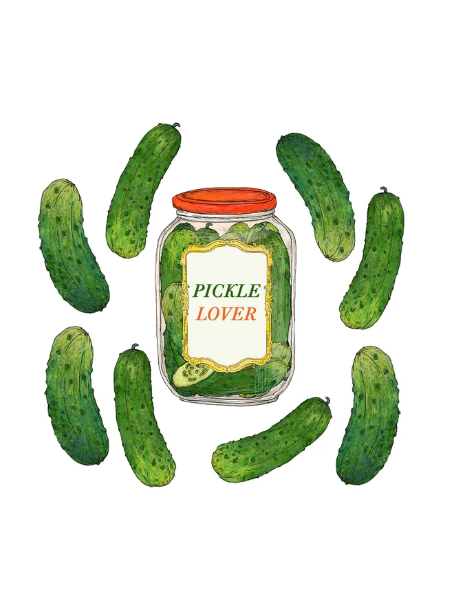 Charming framed collage featuring vibrant illustrated pickles, set against a colorful red and pink striped background, with gherkins and a pickle lover's jar. This vibrant and lovingly crafted mini collage is super cute and will delight pickle lovers and gherkin fans alike!