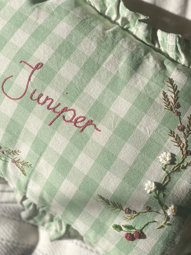 Hand embroidered cushion strawberries 