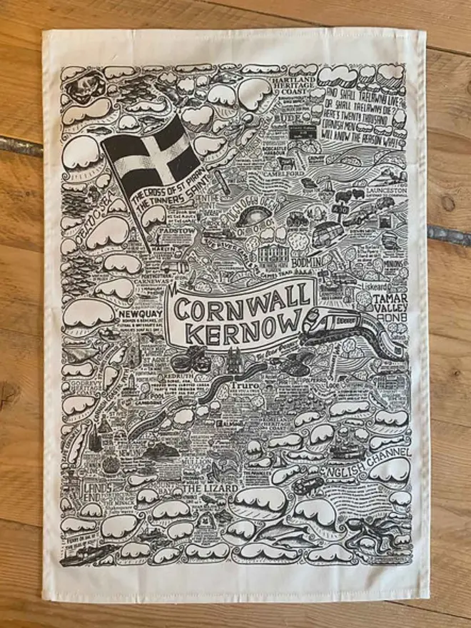 Cornwall Print Tea Towel Flat