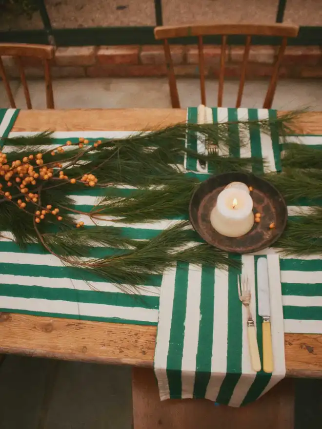 Christmas Green Stripe Table Runner and Napkin Set