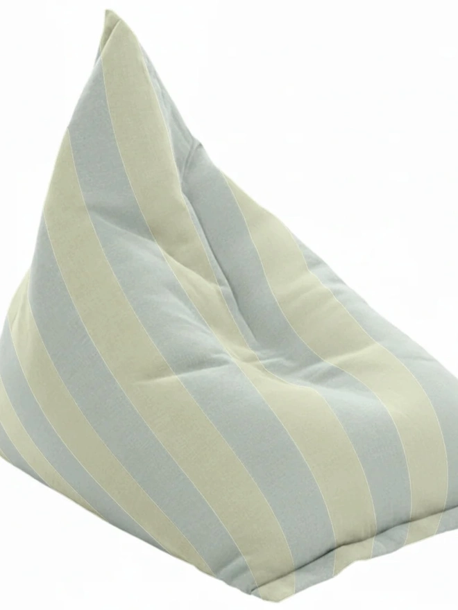 Hand Painted & Repurposed Linen Bean Bag Striped Chair, a colourful metallic gold striped bean bag chair against a white background.