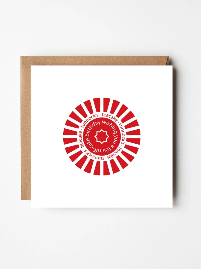 Wishing You a Tea-Riff-Cake Birthday Card. A white card with a teacake in the centre.