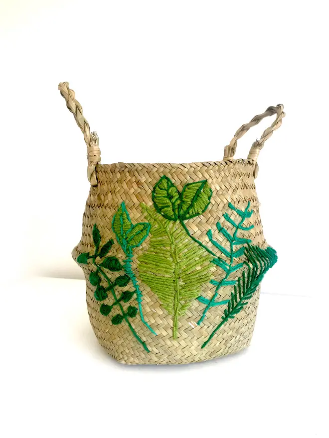 Handwoven Embroidered Leaf Belly Basket