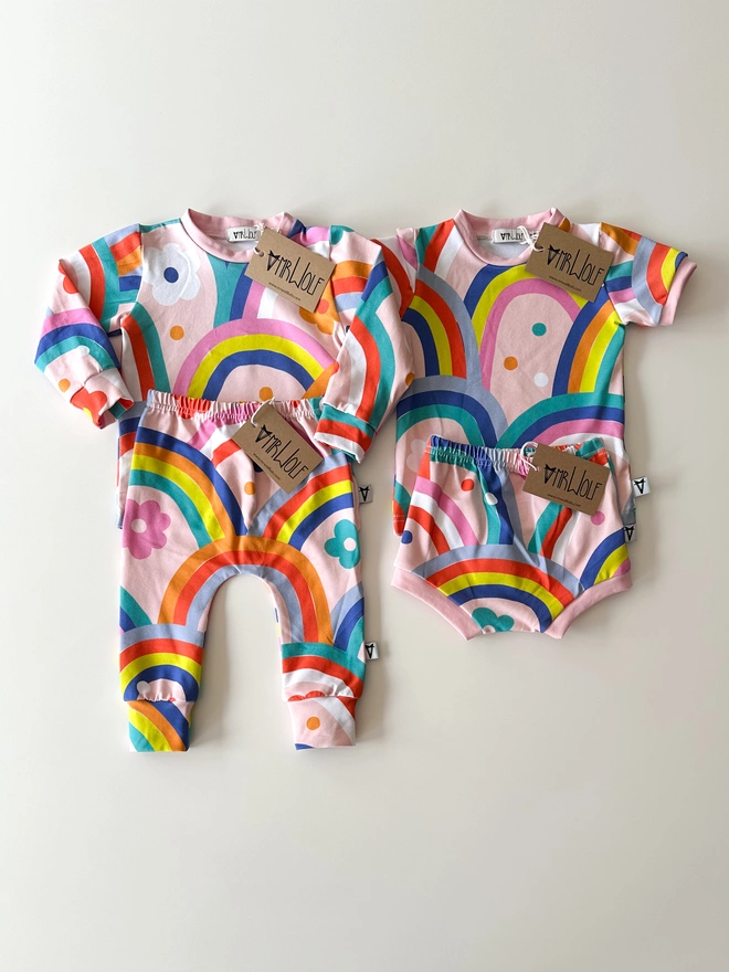 Giant rainbows print leggings, t-shirt, shorties for babies, toddlers, kids