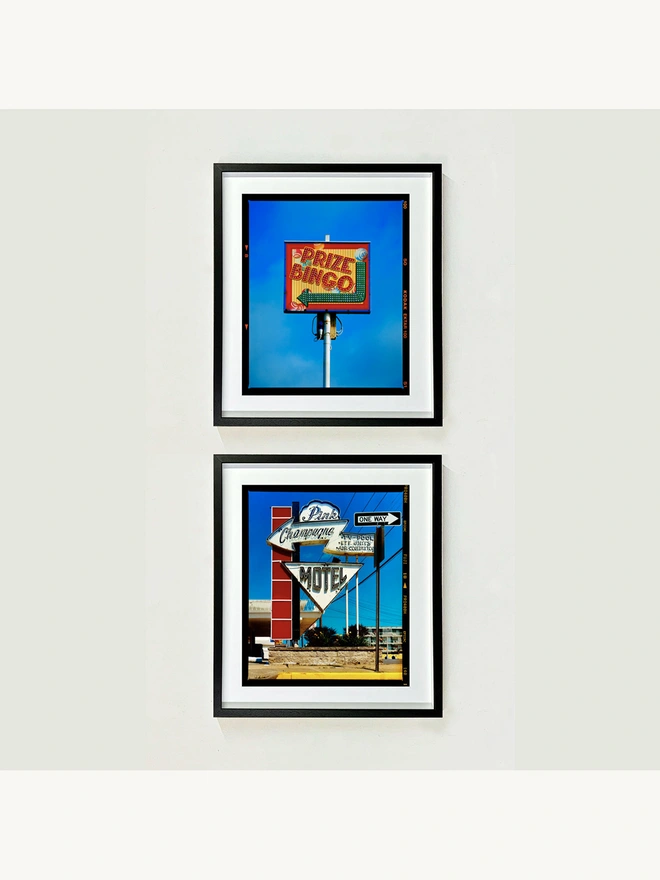 Prize Bingo Richard Heeps colour print framed in black paired with Pink Champagne Motel