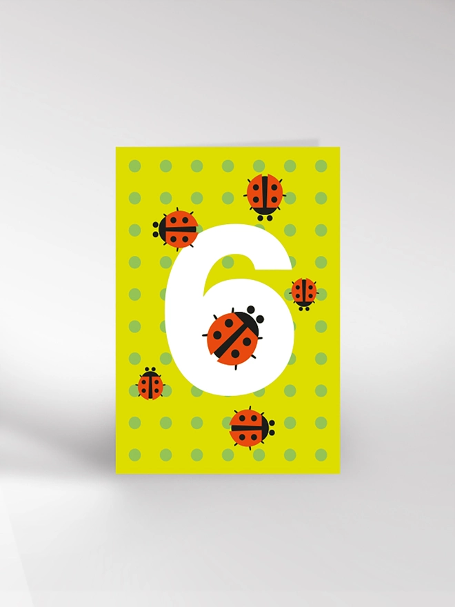 Birthday card with the number 6 and ladybirds