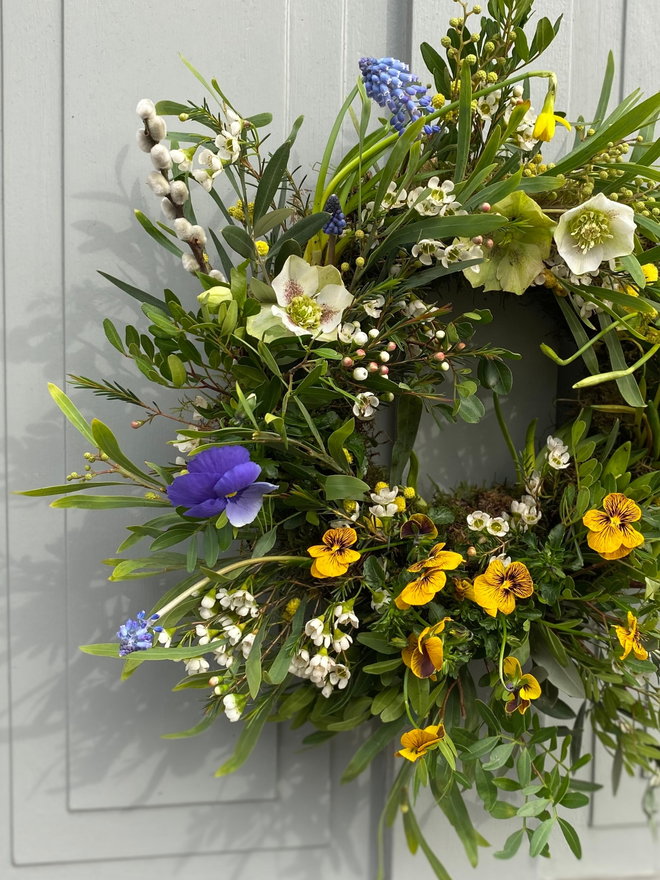 Fresh Spring Wreath with Bulbs Mimosa Viola Flowers