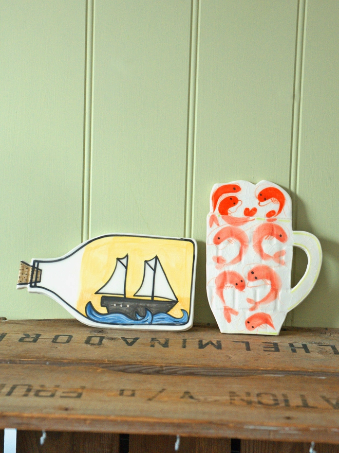 seaside, ship in bottle, ceramic, handmade, pint of pranws.