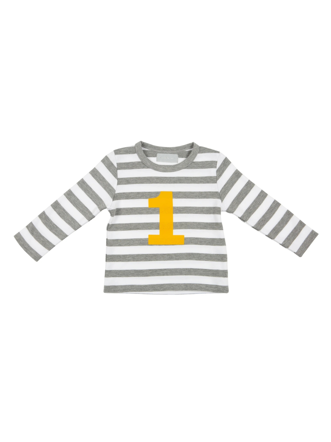 grey white stripe long sleeve tshirt with mustard number
