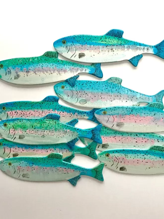 school of Rainbow Trout clustered together as if swimming the same way against a white wall