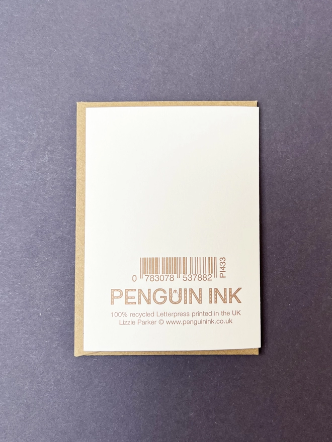 Back of letterpress printed card showing barcode and Penguin Ink logo