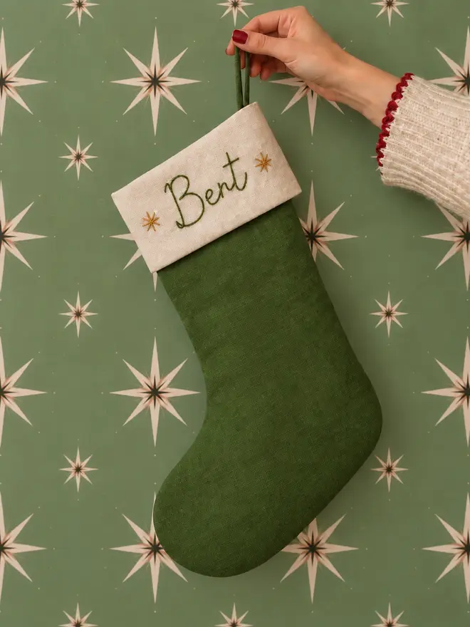 Green linen Christmas stocking - personalised hand embroidered name 