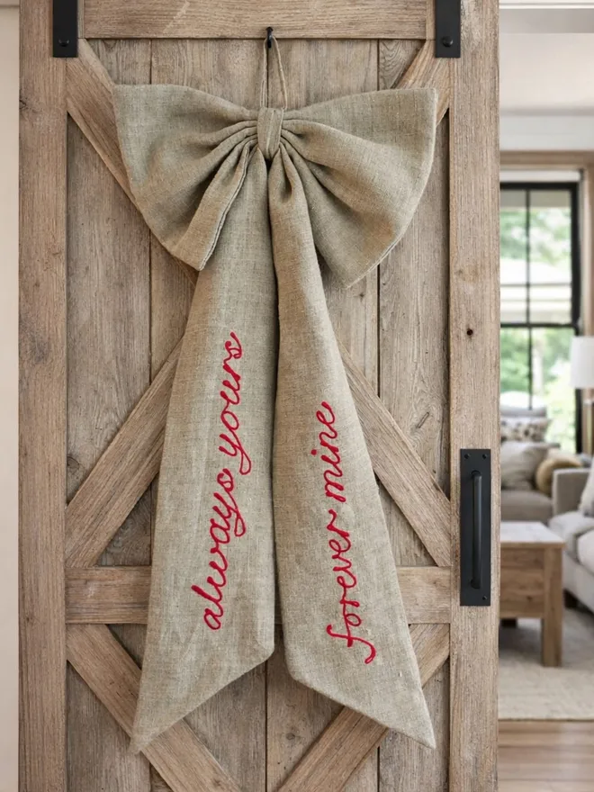 linen bow on door personalised embroidered words