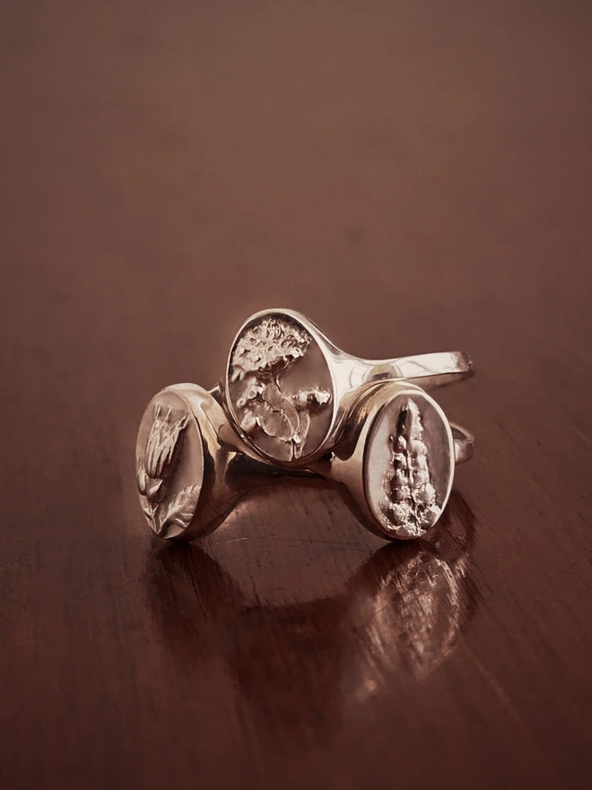 Sterling Silver Signet Rings cast with real flowers, gypsophila, fern and herb robert on a dark background