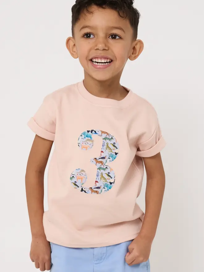 A smiling 3 year old boy wearing a number pink t-shirt on her birthday featuring a zoo animal liberty print number 3 on the front
