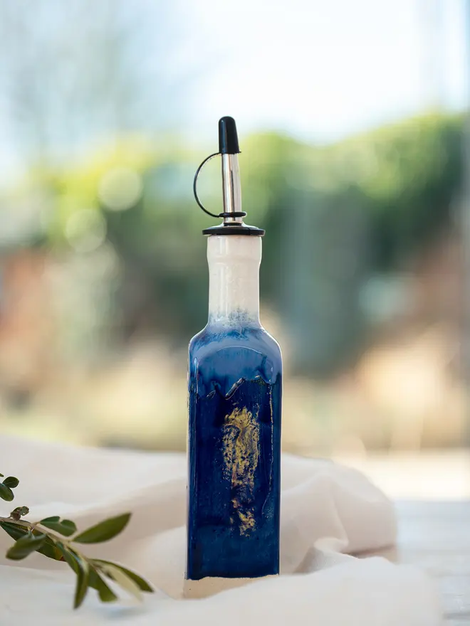 olive oil bottle. pourer bottle, ceramic oil bottle, jenny hopps pottery