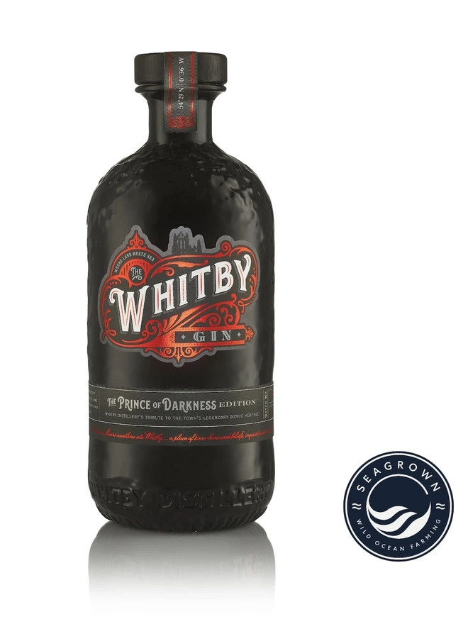 Prince Of Darkness Gin, a bottle of gin sitting on a plain white surface. 