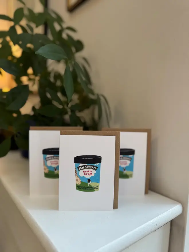 cookie dough ice cream mini cards (pack of 3). card set placed on mantelpiece.