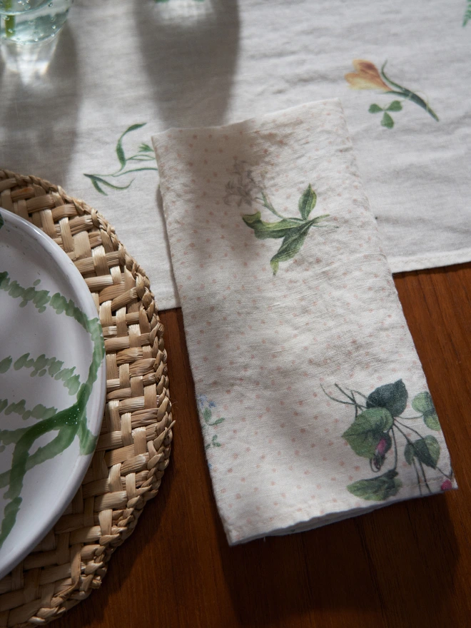 Table linen printed with spring florals