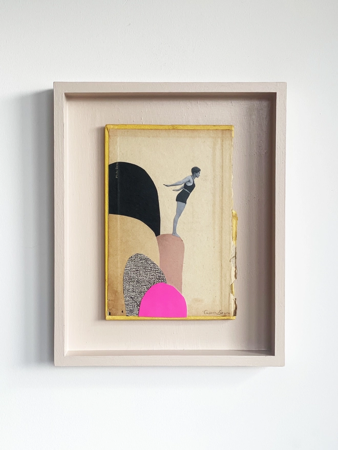 A female diver stands on a range of rocks as she leans in to dive into the sea below. A frame collage made with vintage papers and pop of neon pink with torn edges and interesting textures.