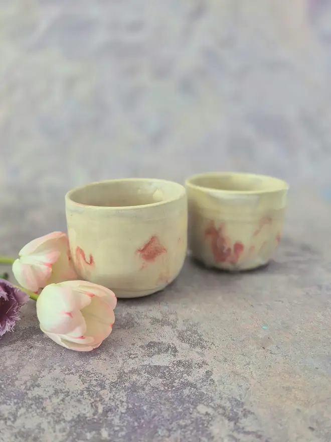 Ceramic Tumblers, cups, coffee cups, tea cup, Jenny Hopps Pottery, White and pink