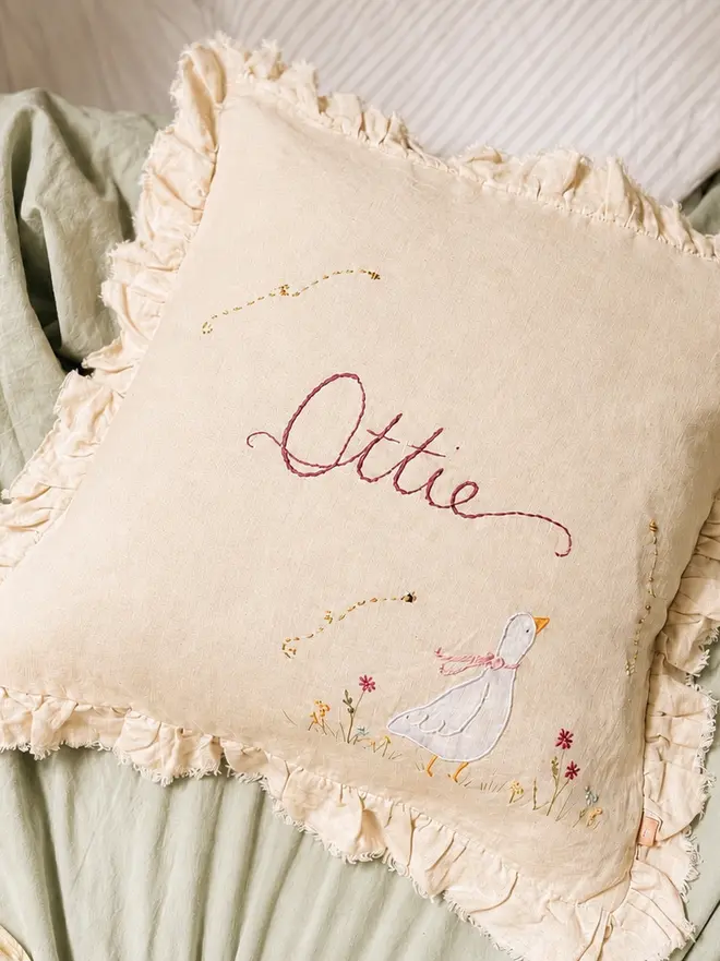 Soft linen personalised cushion - goose floral design - new baby gift blossom and bramble embroidery handmade painted hand embroidered